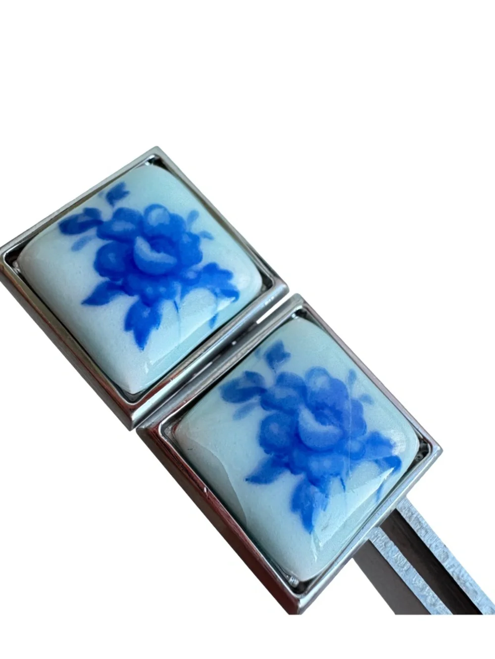 Vintage Japanese Blue White Porcelain Cufflinks Tie Clip Set Floral Signed GQA
